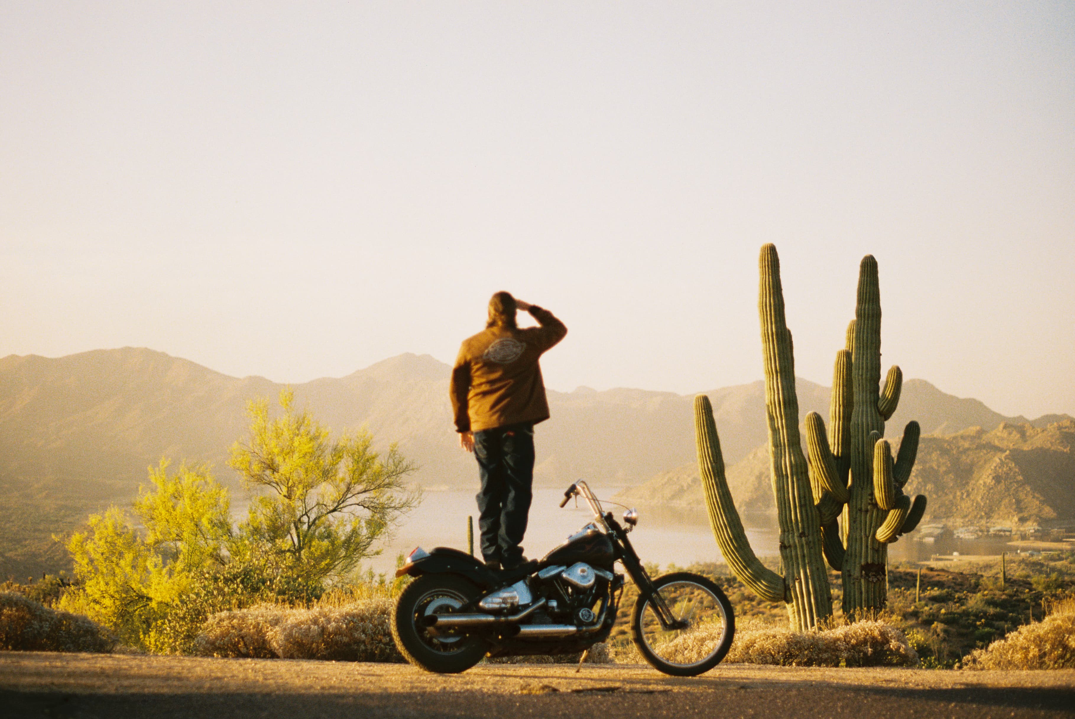 Rider standing beside a motorcycle at golden hour, next to a saguaro cactus.