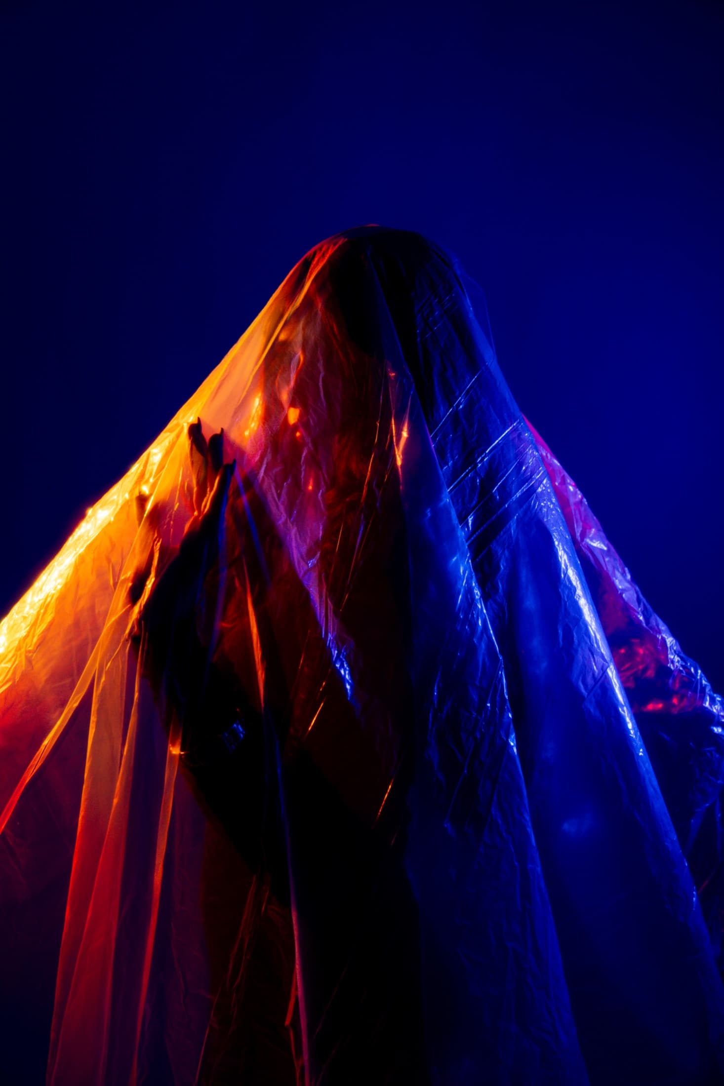 A close portrait crossed by a pale light trail.